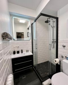 La salle de bains est pourvue d'une douche et d'un lavabo. dans l'établissement Charmantes Studio Maschsee und Messe Nähe, à Hanovre