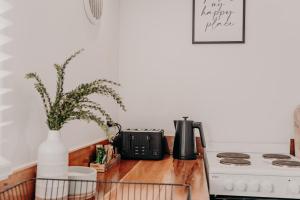 a kitchen counter with a stove and a vase with a plant at The Sage Cottage - Explore Bendigo CBD on foot! in Bendigo