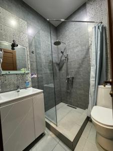 ein Bad mit einer Dusche, einem Waschbecken und einem WC in der Unterkunft Veranda L&G in Kutaissi