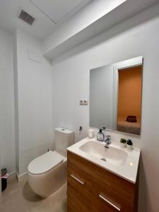 een badkamer met een toilet, een wastafel en een spiegel bij Titanic Dreams in Madrid