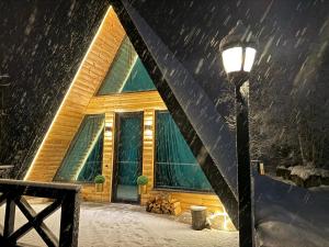 a house in the snow with a street light at AMO in Gudauri