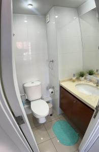 a bathroom with a toilet and a sink and a mirror at Departamento central viña del mar in Viña del Mar