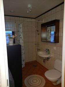 a bathroom with a toilet and a sink at Smålandshus in Målilla