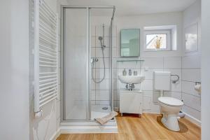 a bathroom with a shower and a toilet and a sink at Georgi Apartments in Mühlhausen
