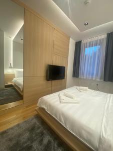 a bedroom with a large bed and a mirror at Apartments Natalija - Zlatni Javor in Jahorina