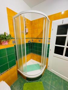 a bathroom with a shower with green and yellow tiles at Apartmán U Splavu in Teplice nad Metují