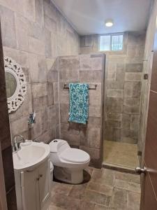 uma casa de banho com um WC, um lavatório e um chuveiro em Hermosa Casa de Campo em Palomas