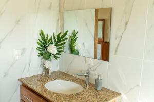 a bathroom with a sink with a vase of flowers at Villa Eliam in San Felipe de Puerto Plata +11 photos