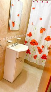 La salle de bains est pourvue d'un lavabo et d'un rideau de douche avec des fleurs rouges. dans l'établissement Mimi’s Dream Luján 2, à Luján