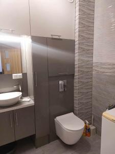 a bathroom with a toilet and a sink at Bee Happy Apartament Wrzesnia ll in Września