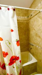 a bathroom with a shower curtain with red flowers on it at Mimi’s Dream Luján 2 in Luján