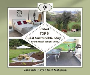 a collage of pictures of a bedroom and a garden at Laneside Haven - 5 Minutes from Castleblayney - Accessible, Gated with Patio, Garden and Gym! in Monaghan