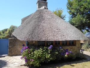 a small house with a thatched roof and flowers at Ty Papy in Bénodet