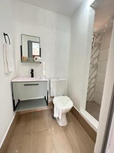 uma casa de banho com um WC, um lavatório e um espelho. em Pousada Ponta dos Corais no Guarujá