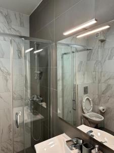 La salle de bains est pourvue d'une douche, d'un lavabo et de toilettes. dans l'établissement Sleep&Fly Belgrade, à Ledine