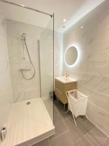 baño blanco con ducha y lavamanos en Magnifique T2 40m2 lumineux, moderne et rénové avec fibre en Belfort