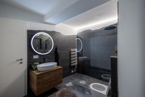 bagno con lavandino, servizi igienici e specchio di Visionary Hospitality - Big Premium Loft with View, Washer, Parking, Kitchen, Tub a Dierikon
