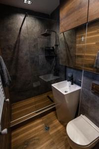 a bathroom with a toilet and a shower and a sink at Nice and cosy villa in the heart of the city in Tbilisi City