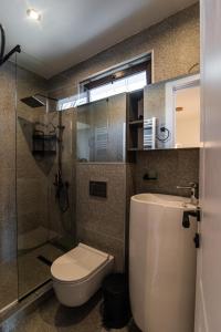 a bathroom with a toilet and a sink and a shower at Nice and cosy villa in the heart of the city in Tbilisi City