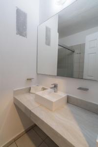 uma casa de banho com um lavatório e um espelho em Expo Hotel Guadalajara - Zona Expo frente al Centro de Convenciones em Guadalajara