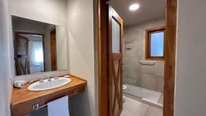 uma casa de banho com um lavatório e um chuveiro em Cabañas Las Donosas em San Carlos de Bariloche