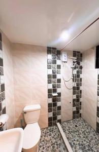 ein Bad mit einem WC, einem Waschbecken und einer Dusche in der Unterkunft Cozy Loft Near the Airport & Beach-Unit I in Puerto Princesa