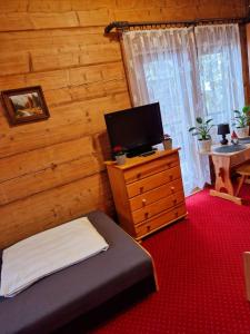 a bedroom with a bed and a dresser with a television at Bukovina Concept Mountain in Bukowina Tatrzańska