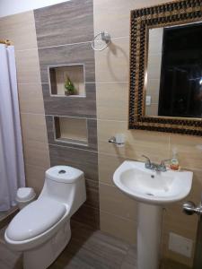 ein Badezimmer mit Toilette, Waschbecken und Spiegel in der Unterkunft FINCA VILLA BLANCA in Termales