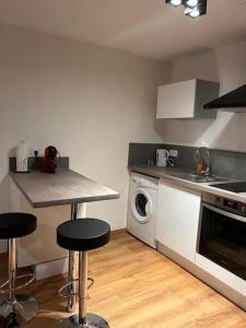 a kitchen with a counter and a washing machine at Élégant F2 luxueux proche Suisse in Delle