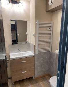 a bathroom with a sink and a mirror and a toilet at *Nouveau* Studio au pied du télésiège du Diable in Les Deux Alpes