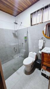 a bathroom with a shower and a toilet and a sink at Casa Roble Fortuna in Fortuna