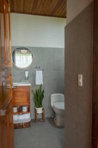 a bathroom with a toilet and a sink and a mirror at Casa Roble Fortuna in Fortuna