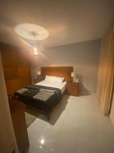 ein Schlafzimmer mit einem Bett und einem Licht an der Decke in der Unterkunft Lovely 3 Bedrooms Apartment in Madinaty