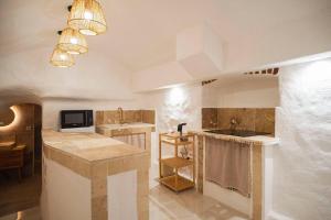 a large kitchen with a sink and a microwave at Le temple d'Aphrodite, Appartement avec SPA in Vienne
