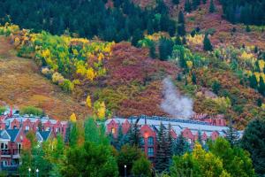 un tren viajando a través de una montaña con árboles de otoño en St. Regis Aspen Resort en Aspen