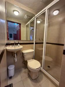 uma casa de banho com um WC, um lavatório e um chuveiro em Cuarto 2 - Roma Norte Cama Queen Size em Cidade do México