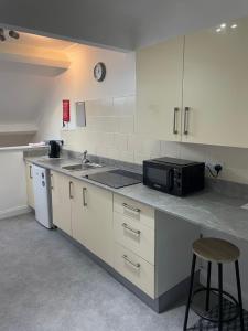 een keuken met een wastafel en een magnetron bij Apartments Azalea Terrace in Sunderland