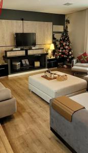 a living room with a christmas tree and a couch at Atibaia Racanto Tranquilo in Atibaia