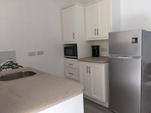 DʼArbeau的住宿－Spice Isle Apt 3，厨房配有白色橱柜和不锈钢冰箱