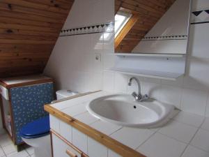 uma casa de banho com um lavatório e um WC em Villa Plouharnel, 4 pièces, 6 personnes - FR-1-479-41 em Plouharnel