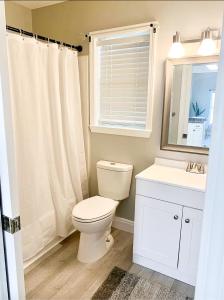 a bathroom with a toilet and a sink and a mirror at Tropical Gem/5 min beach walk in Panama City Beach