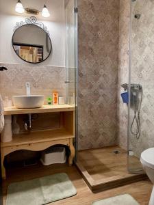 y baño con ducha, lavabo y espejo. en Aproka - Chalet Mignon Adorable small guest house, en Sicasău
