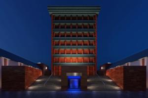 福岡市にあるHOTEL IL PALAZZO - Vacation STAY 68248vの青い背景の建物の景色