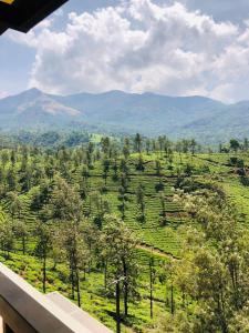 a view of a green field with mountains in the background at Glendale Hospitality Wayanad in Vythiri