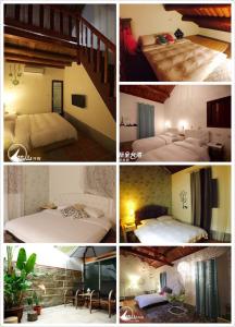 a collage of four pictures of a hotel room at I-Shan B&B in Jincheng