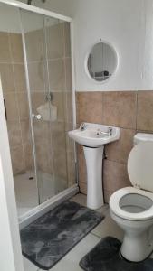 a bathroom with a shower and a toilet and a sink at Tenlet guesthouse in Pretoria