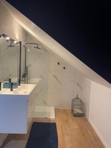 La salle de bains est pourvue d'une douche à l'italienne et d'un lavabo. dans l'établissement Le reflet de la Seine - balcon - 2 chambres - RER A, à Carrières-sous-Poissy