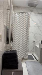 een douche in een badkamer met een douchegordijn bij Appartemment Centre Vilvoorde Bruxelles BrusselsAirport Expo NATO Anvers Wifi Free Parking in Vilvoorde