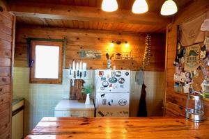 a kitchen with a refrigerator in a wooden wall at Cozy chalet Montana in Kopaonik