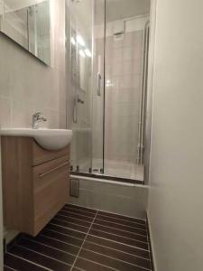 y baño con ducha y lavamanos. en Appartement au calme ORSAY PARIS, en Orsay